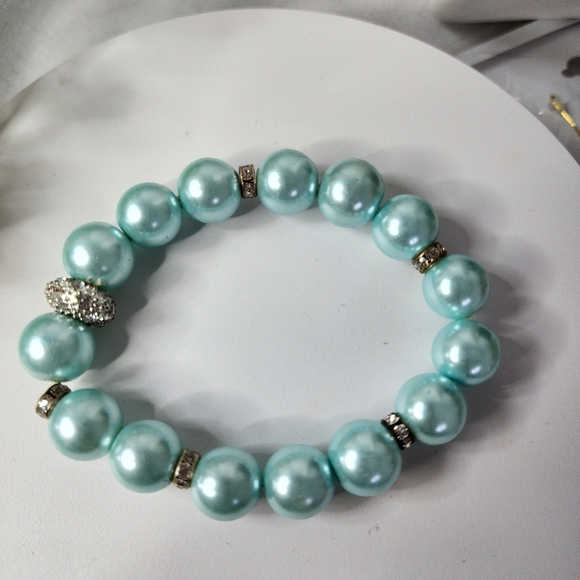 Aqua Blue Glass Pearl and Rhinestone Necklace Earrings and Bracelet Set - Picture 7 of 15